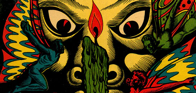 A colorful, stylized artwork featuring a large face with prominent eyes, a green nose, and intricate, vibrant patterns surrounding it, including human figures and abstract details.