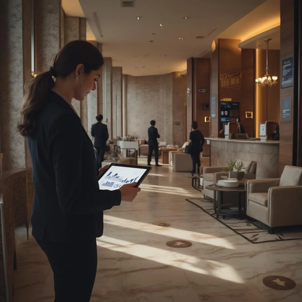 Mujer con ropa formal revisando una tablet en un lobby de hotel elegante