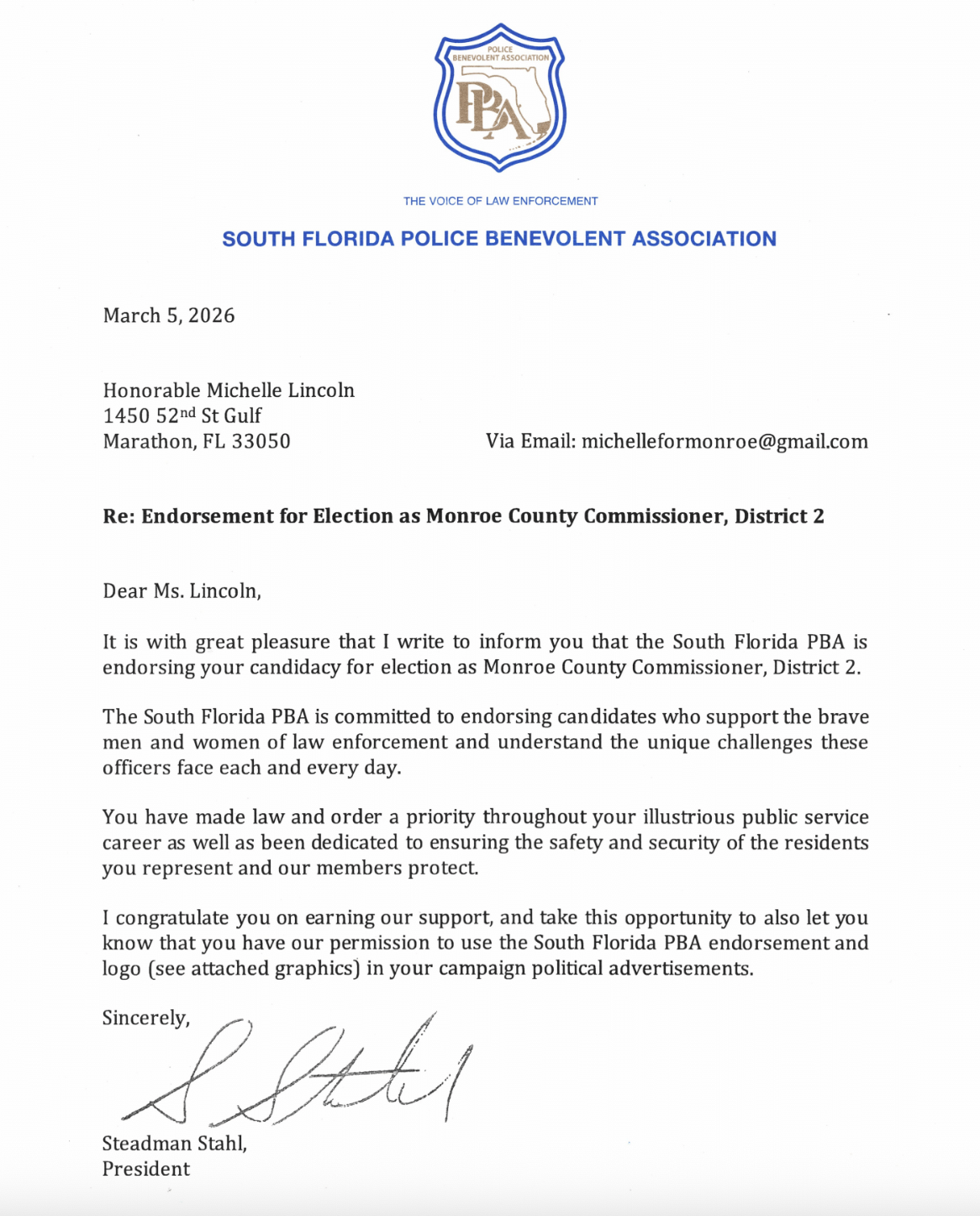 Letter from the South Florida Police Benevolent Association endorsing Michelle Lincoln for Monroe County Commissioner, District 2, dated March 5, 2026, with a police badge logo at the top.