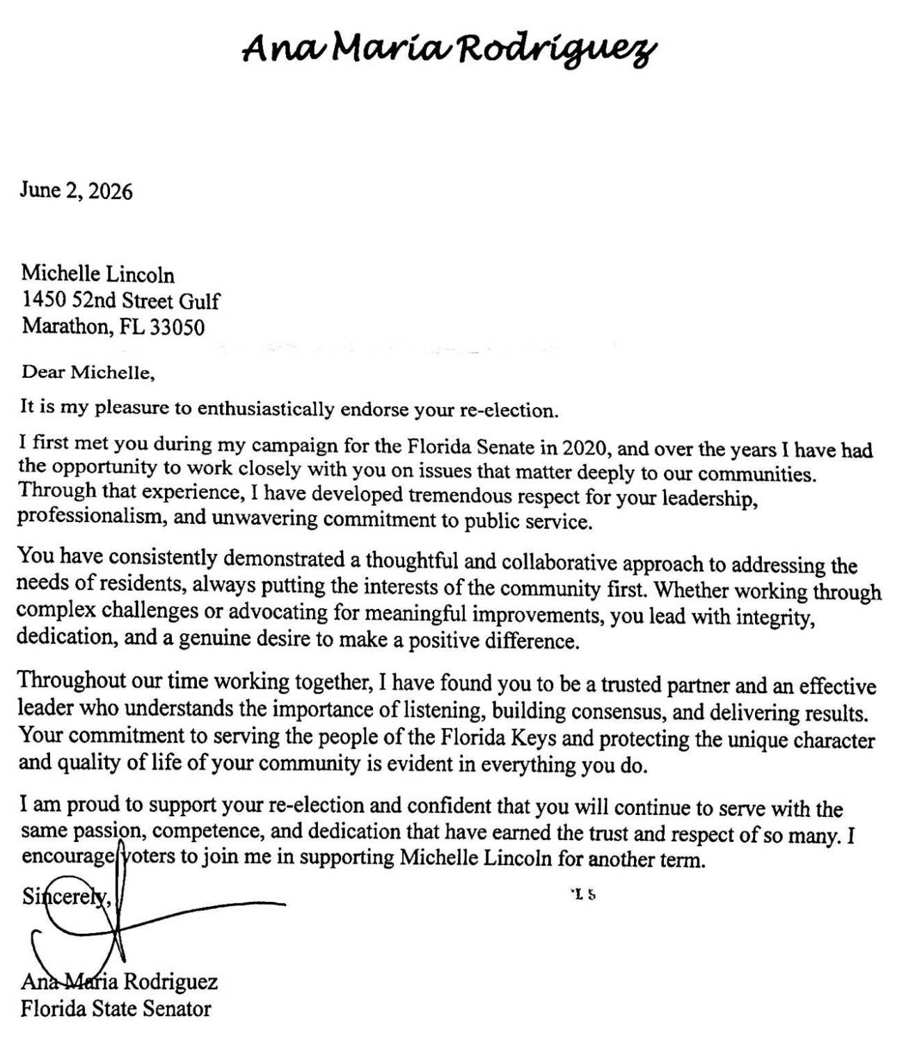 A letter endorsing Michelle Lincoln's re-election, signed by Ana Maria Rodriguez, Florida State Senator, dated June 2, 2026.