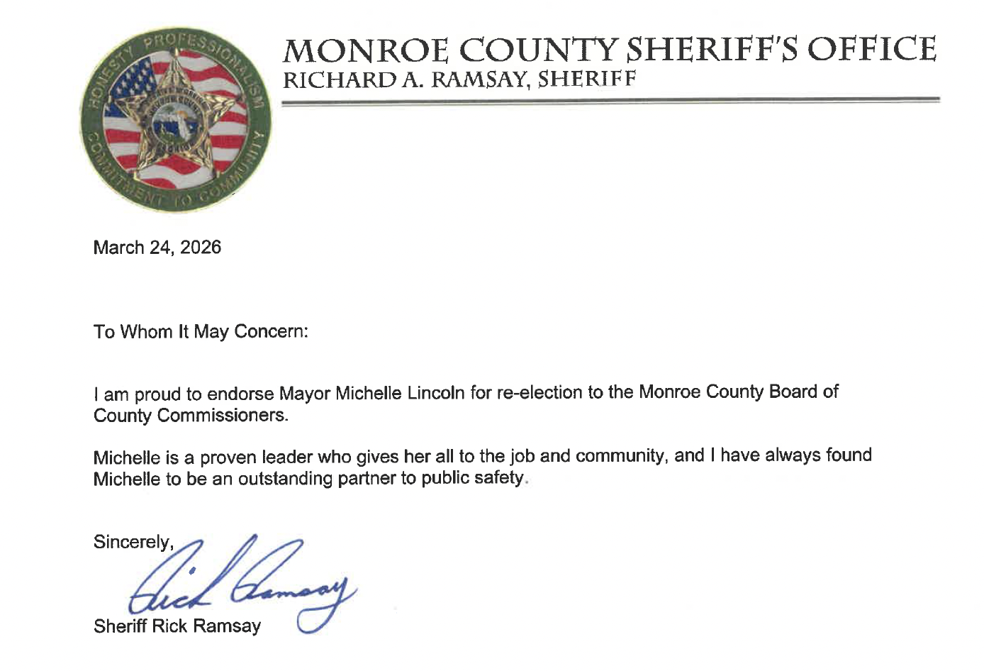 A letter from Monroe County Sheriff's Office endorsing Mayor Michelle Lincoln for re-election, signed by Sheriff Rick Ramsay, dated March 24, 2026.