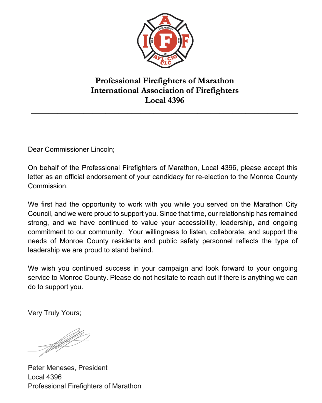 Letter endorsing Michelle Lincoln for re-election to Monroe County Commission from the Professional Firefighters of Marathon, featuring their logo at the top.