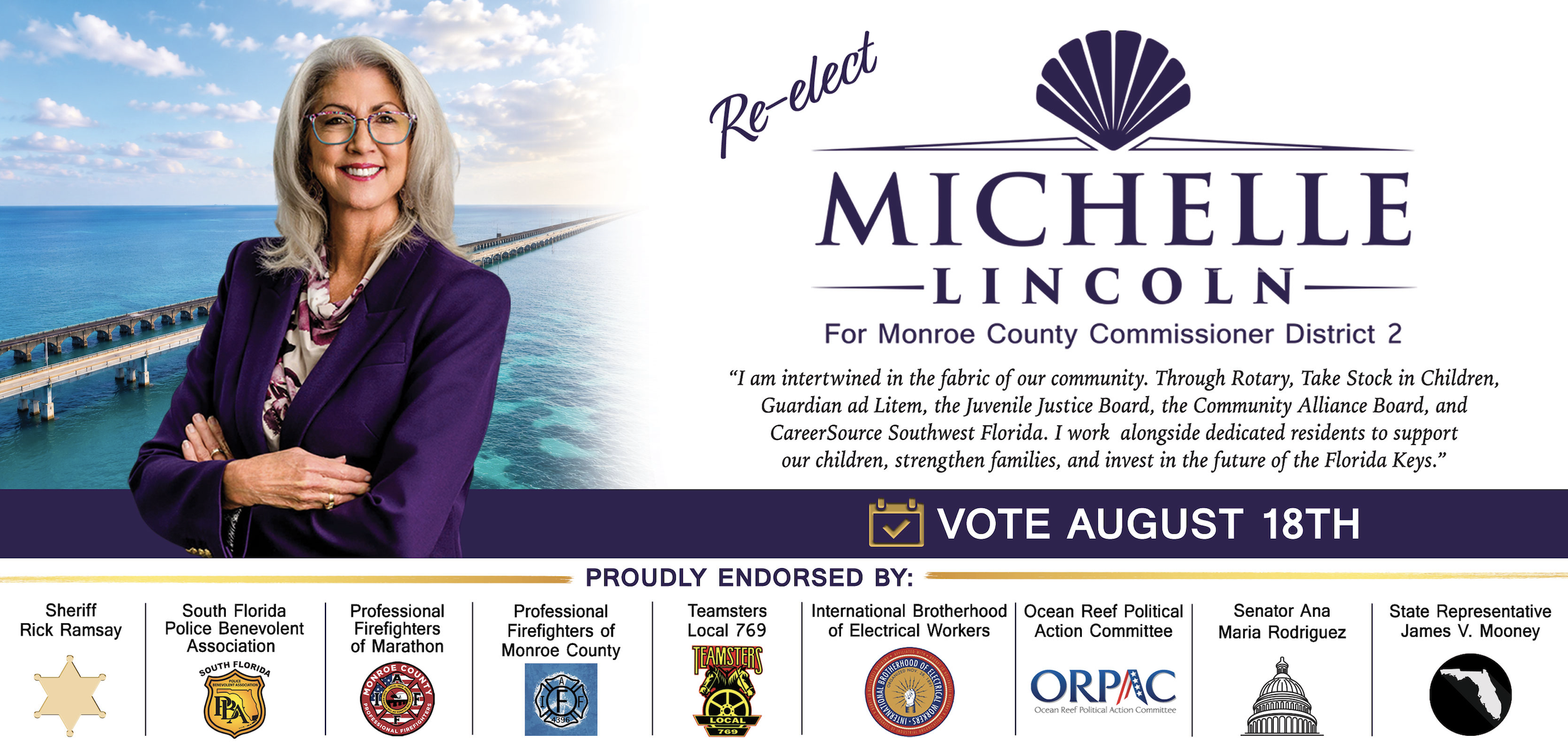 Campaign poster featuring Michelle Lincoln with an ocean and pier background, endorsing her for Monroe County Commissioner District 2, urging to vote on August 18th, with support from local firefighters, police, community groups, and organizations.