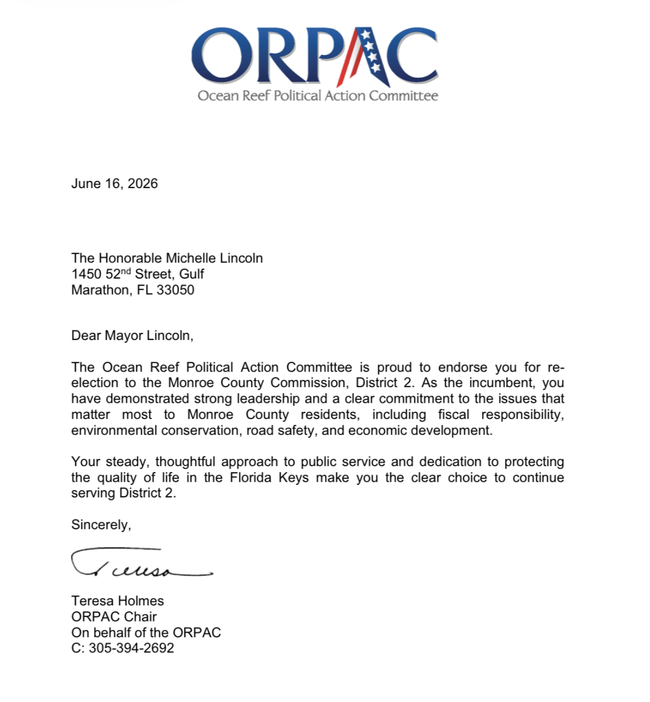 Official letter from the Ocean Reef Political Action Committee endorsing Mayor Michelle Lincoln for re-election, dated June 16, 2026, signed by Teresa Holmes.