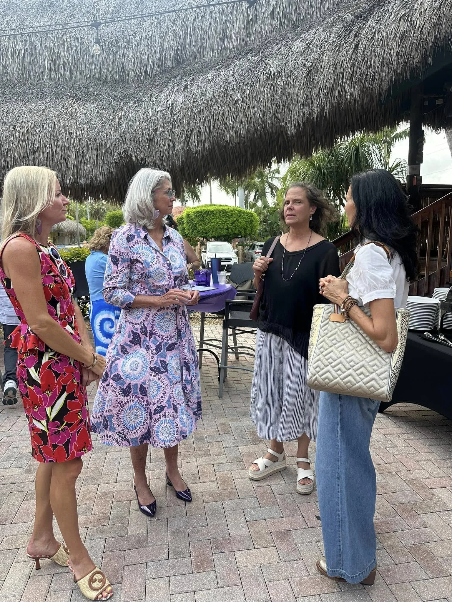 Four women are engaged in conversation outdoors, standing on a brick paving area under a thatched roof. Two women are facing each other, with one wearing a pink floral dress and beige heels, and the other wearing a purple patterned dress with purple 
