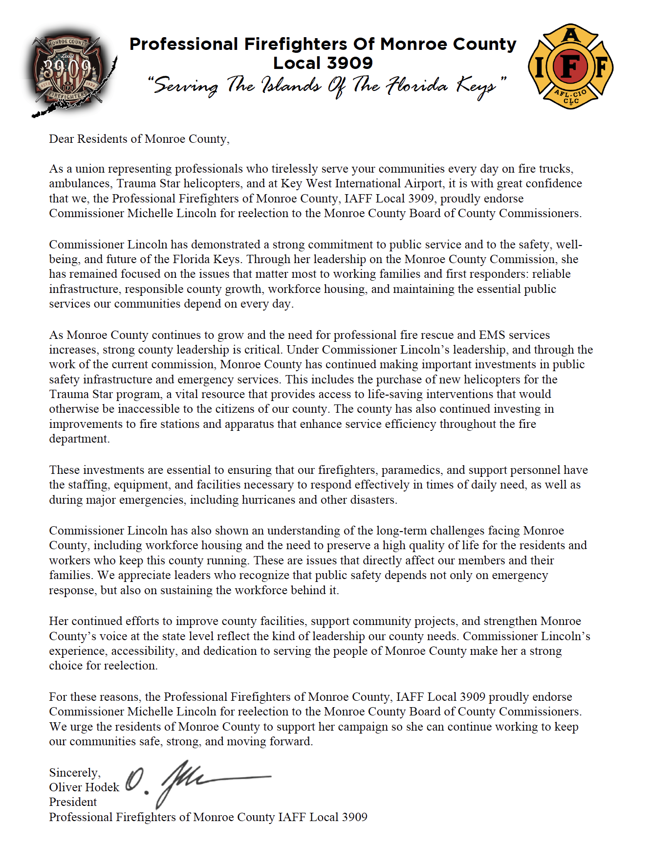 Letter endorsing Michelle Lincoln for Monroe County Board of County Commissioners by Monroe County professional firefighters, featuring logos of Monroe County Fire Department and IAFF Local 3909.