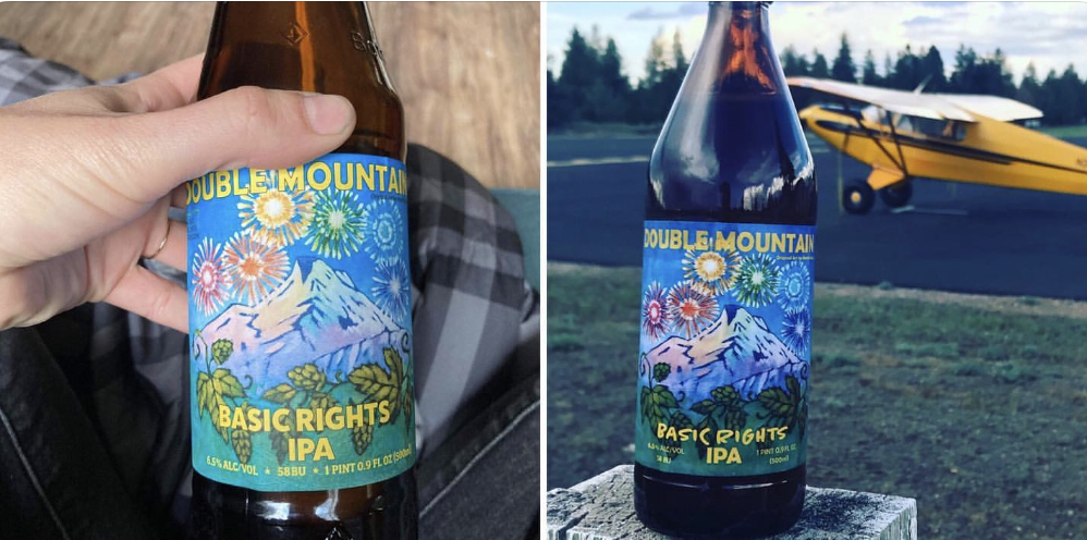 Left: Hand holding a beer bottle with a colorful label showing a mountain, trees, and fireworks. Right: Beer bottle on a surface with a yellow airplane parked on a runway in the background. Mark Nilsson ©
