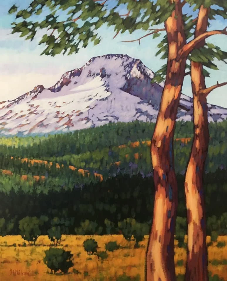 Painting of a snow-capped mountain with evergreen trees in the foreground and a clear sky. Mark Nilsson ©