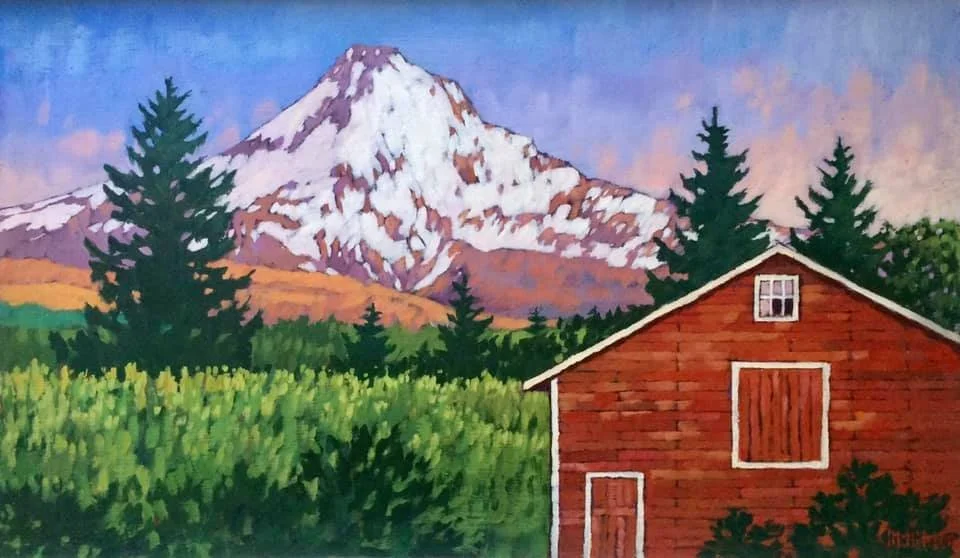 Painting of a mountain with snow-capped peak, green trees, and a red barn in foreground. Mark Nilsson ©