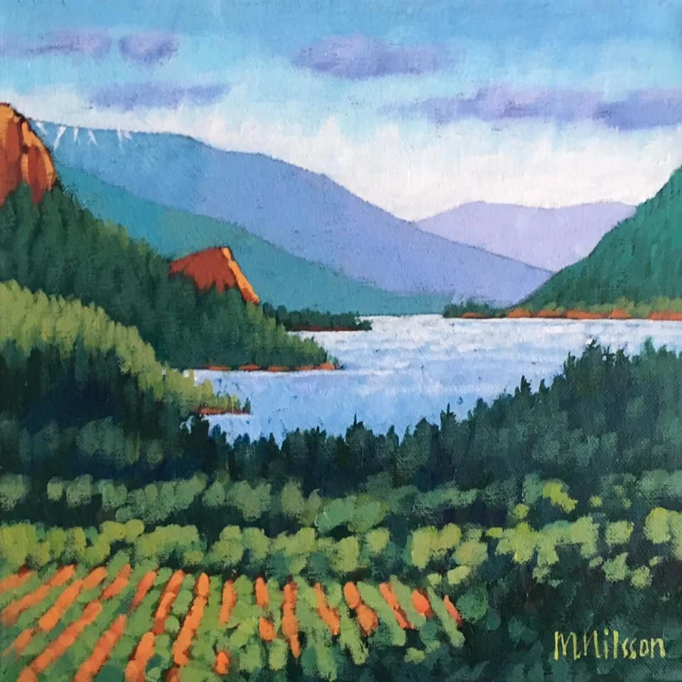 Painting of a landscape with mountains, a river, trees, and vineyard rows in the foreground, signed by M. Nilsson. Mark Nilsson ©