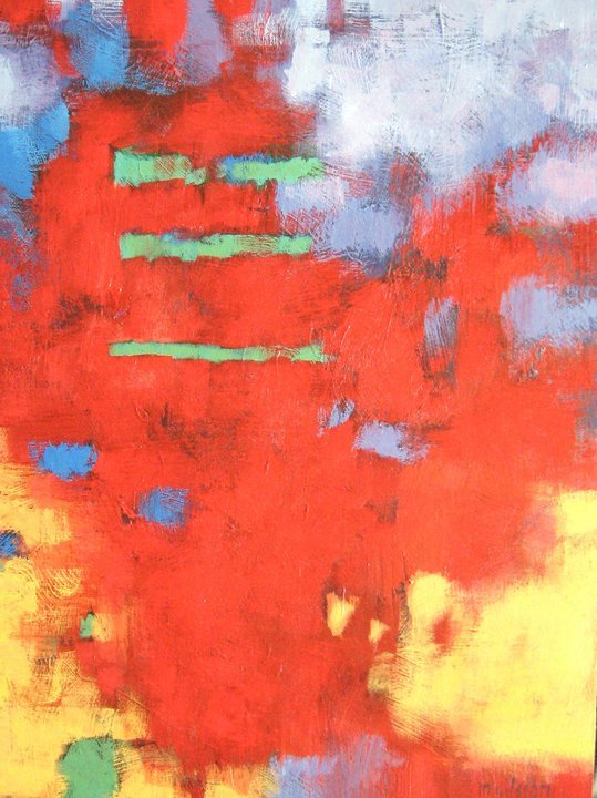 Abstract painting with red, yellow, blue, green, and purple colors.