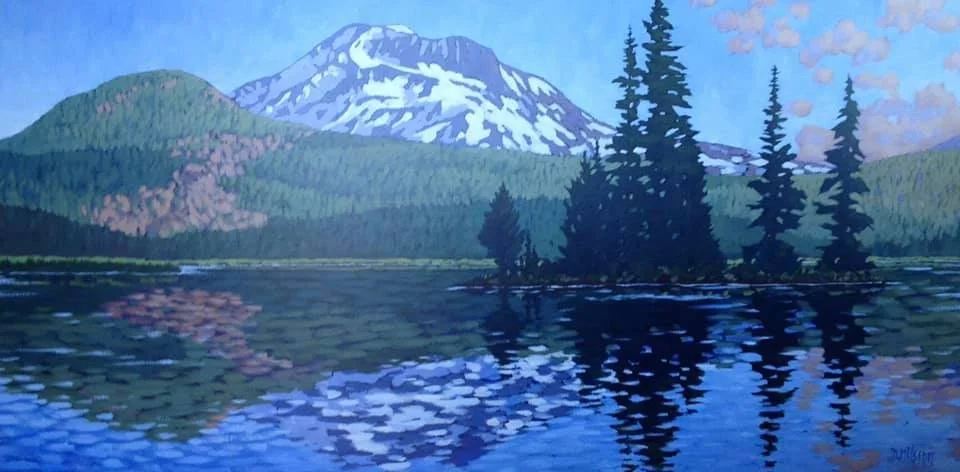A painting of a mountain landscape with a snow-capped mountain in the background, forested hills, a lake in the foreground, and evergreen trees reflected in the water. Mark Nilsson ©