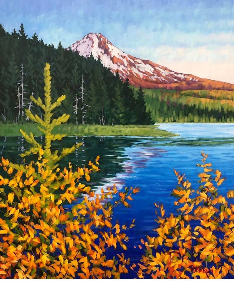 Painting of a mountain with snow on top, a forest of green trees, a river, and yellow-orange foliage in the foreground. Mark Nilsson ©