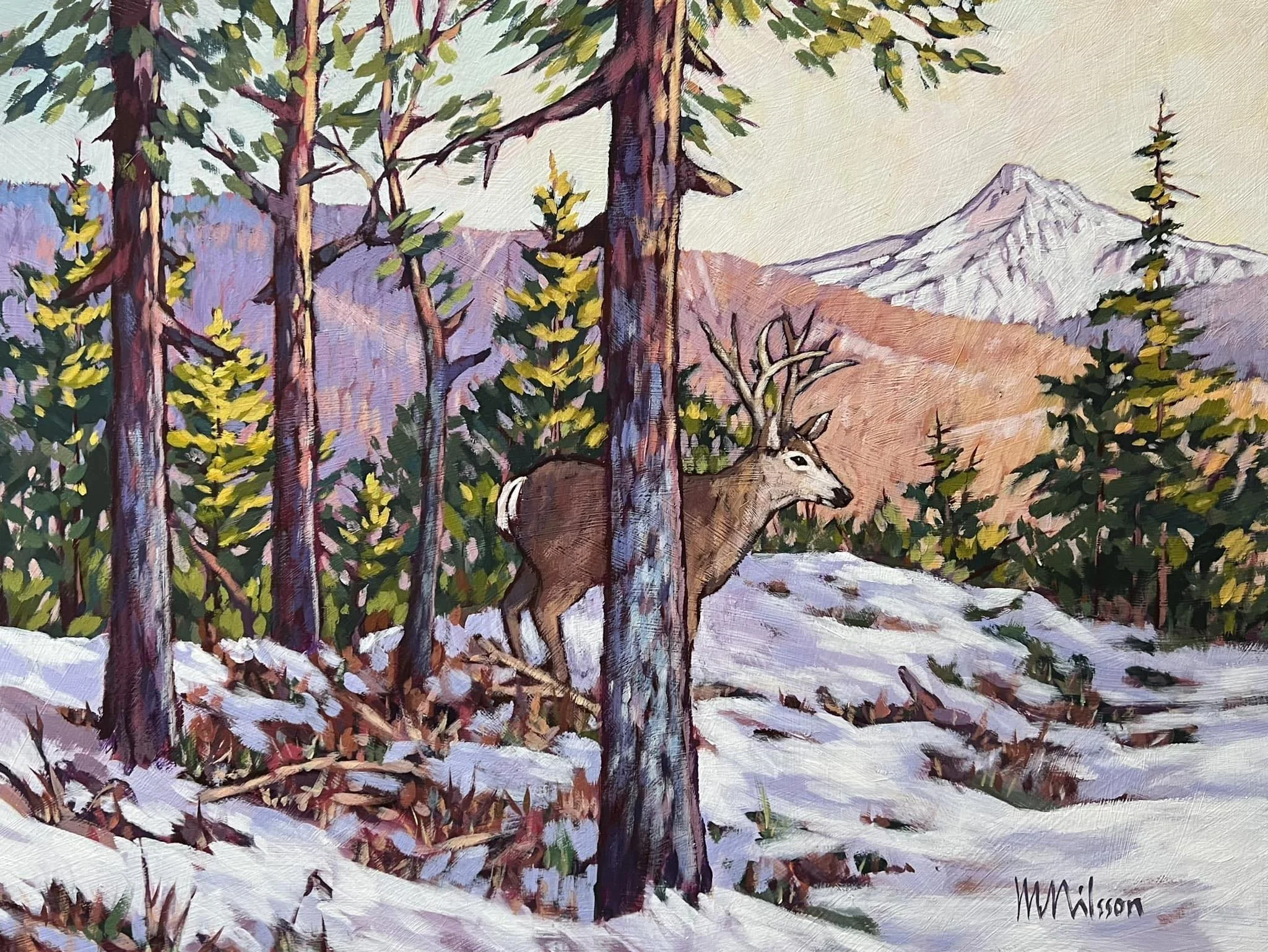 Painting of a forest scene with snow, tall pine trees, a mountain in the background, and a deer with antlers behind a tree. Mark Nilsson ©