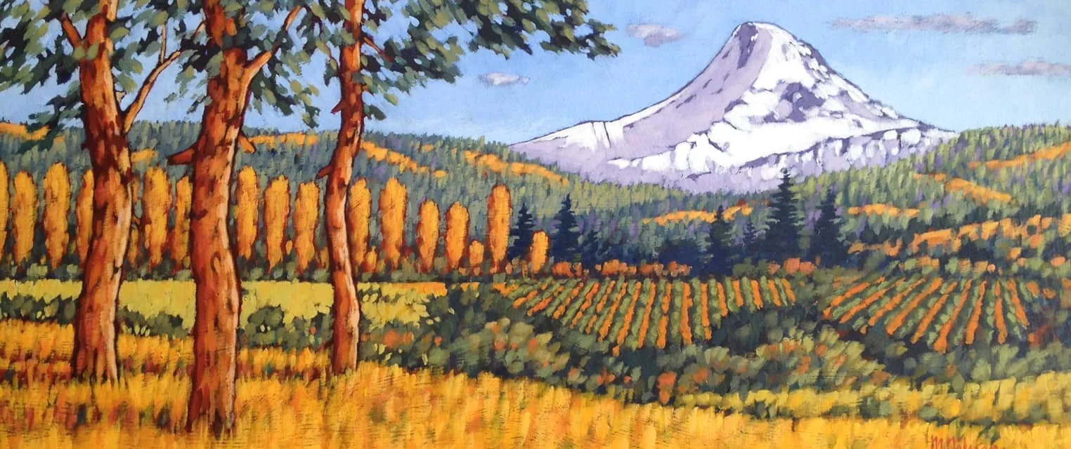 A scenic landscape painting of a mountain with snow on top, surrounded by lush forests, with orange trees and vineyards in the foreground, under a partly cloudy sky. Mark Nilsson ©