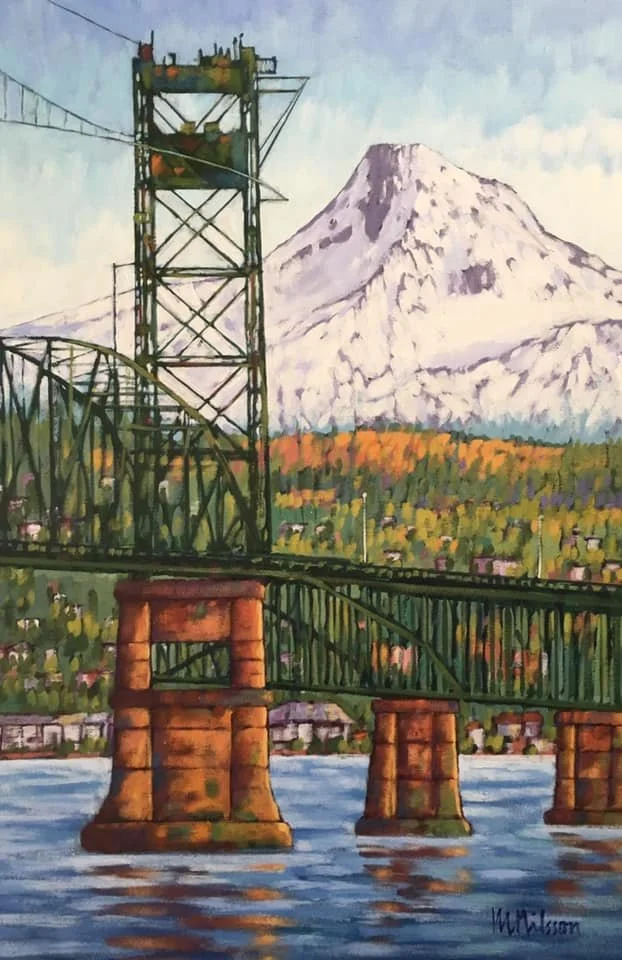 A painting of a bridge over a body of water with Mount Hood in the background, snow-capped and towering above a landscape of colorful trees and houses.Mark Nilsson © 