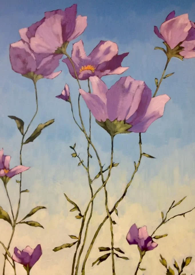 Painting of pink and purple flowers with green stems against a blue and white sky background Mark Nilsson ©