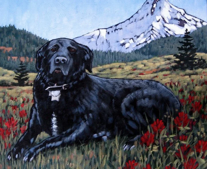 Painting of a black Labrador Retriever lying in a field of red flowers with a snow-capped mountain and pine trees in the background. Mark Nilsson ©