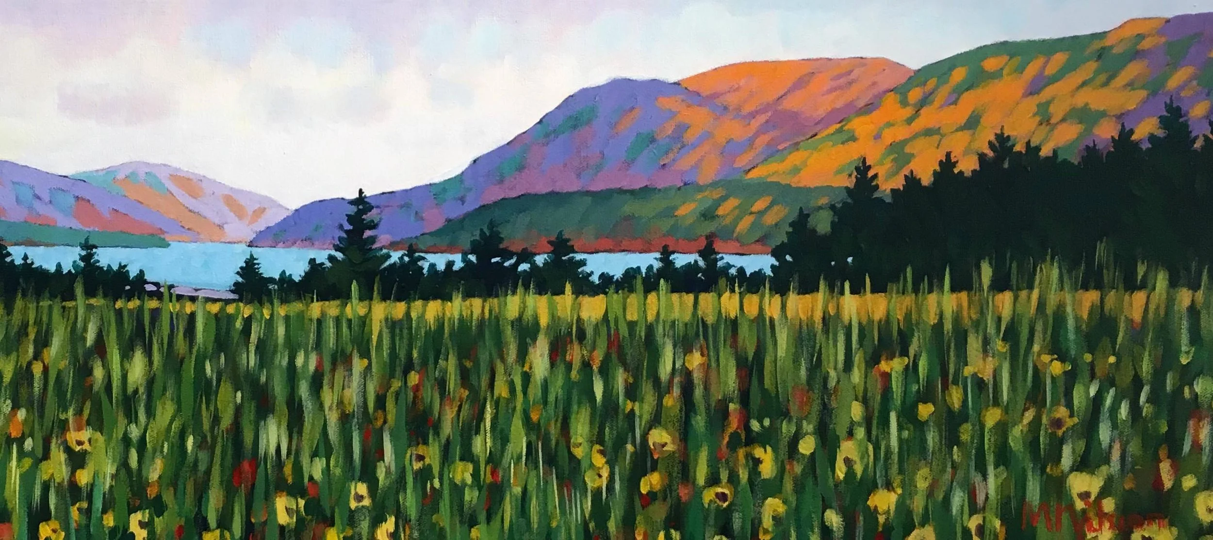 A colorful landscape painting of mountains, a lake, and a field of yellow flowers with dark green trees in the foreground. Mark Nilsson ©