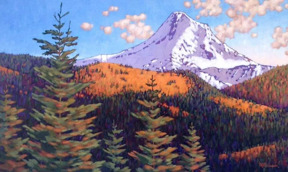 Colorful painting of a snow-capped mountain, tall pine trees in the foreground, orange and purple forest on the hills, blue sky with pink clouds. Mark Nilsson ©