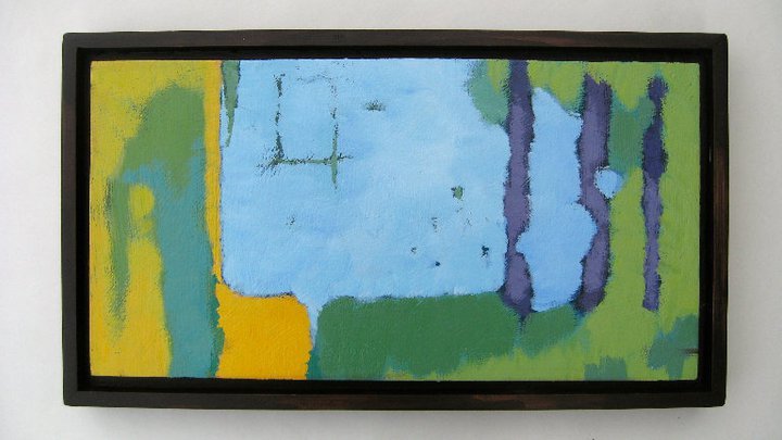 Abstract painting with blue, green, yellow, and purple brushstrokes in a black frame. Mark Nilsson ©