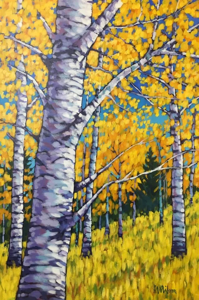 Painted scene of a forest with yellow autumn leaves on trees, primarily birch trees with white bark and black markings, and a dark green evergreen tree in the background. Mark Nilsson ©
