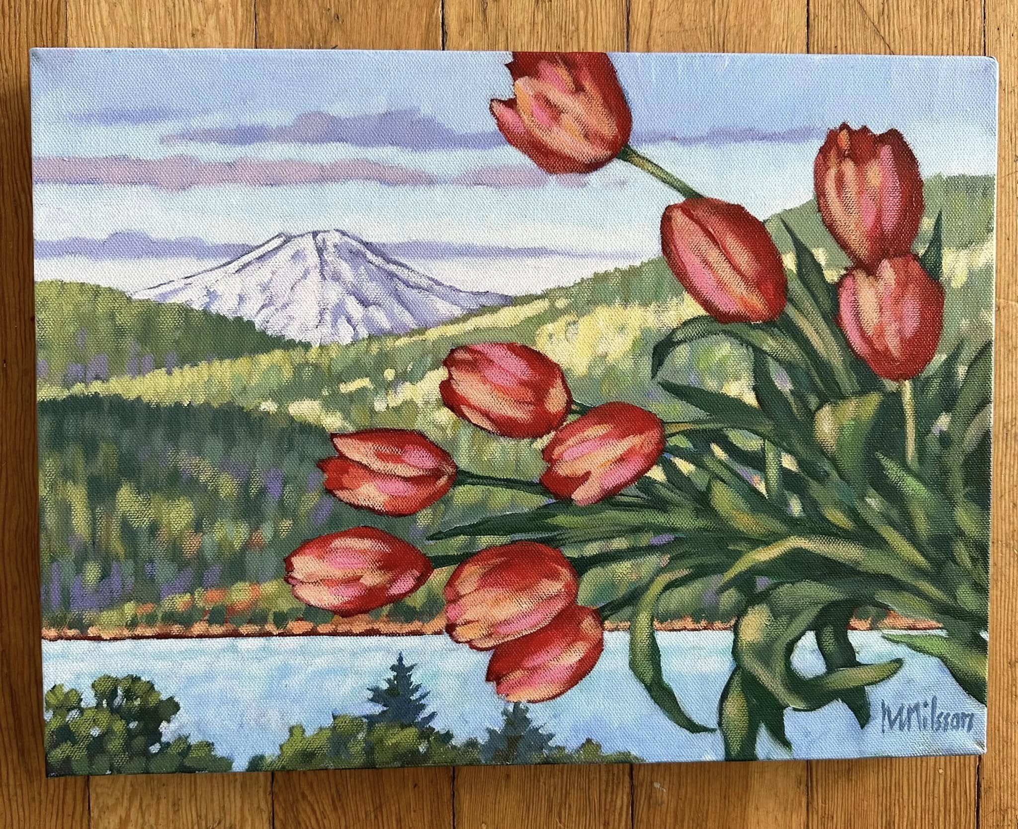 A painting of red tulips in the foreground with Mount Rainier, green hills, and a river in the background. Mark Nilsson ©