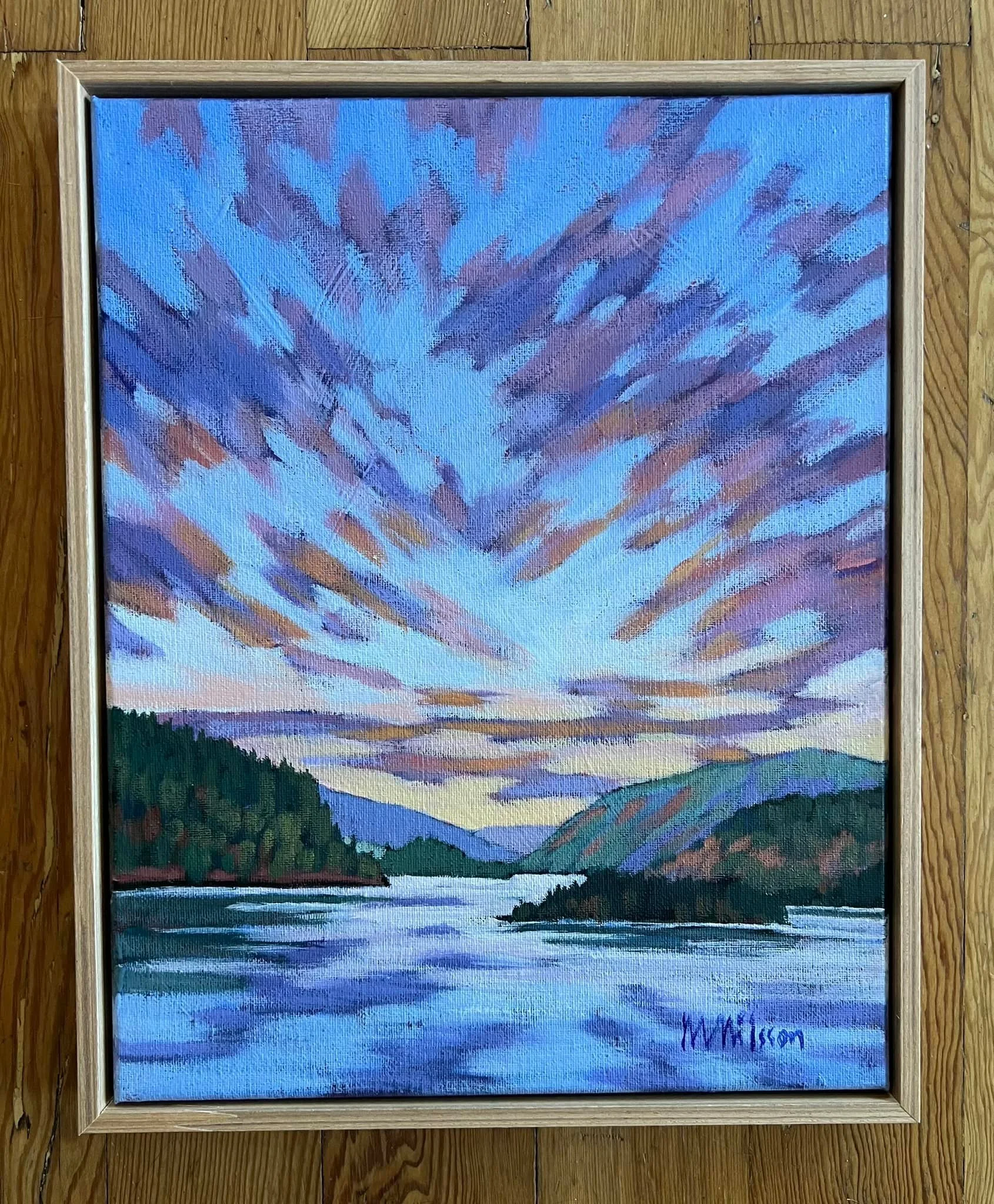 Painting of a river flowing through green forested hills during sunset with a colorful sky of pink, purple, and blue clouds. Mark Nilsson ©