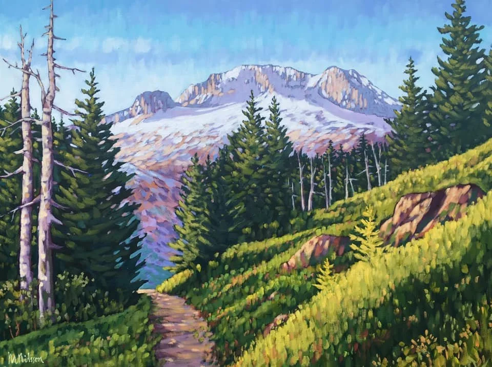 A painting of a mountain landscape with a snow-capped mountain in the background, green trees, and a trail leading through the forest. Mark Nilsson ©