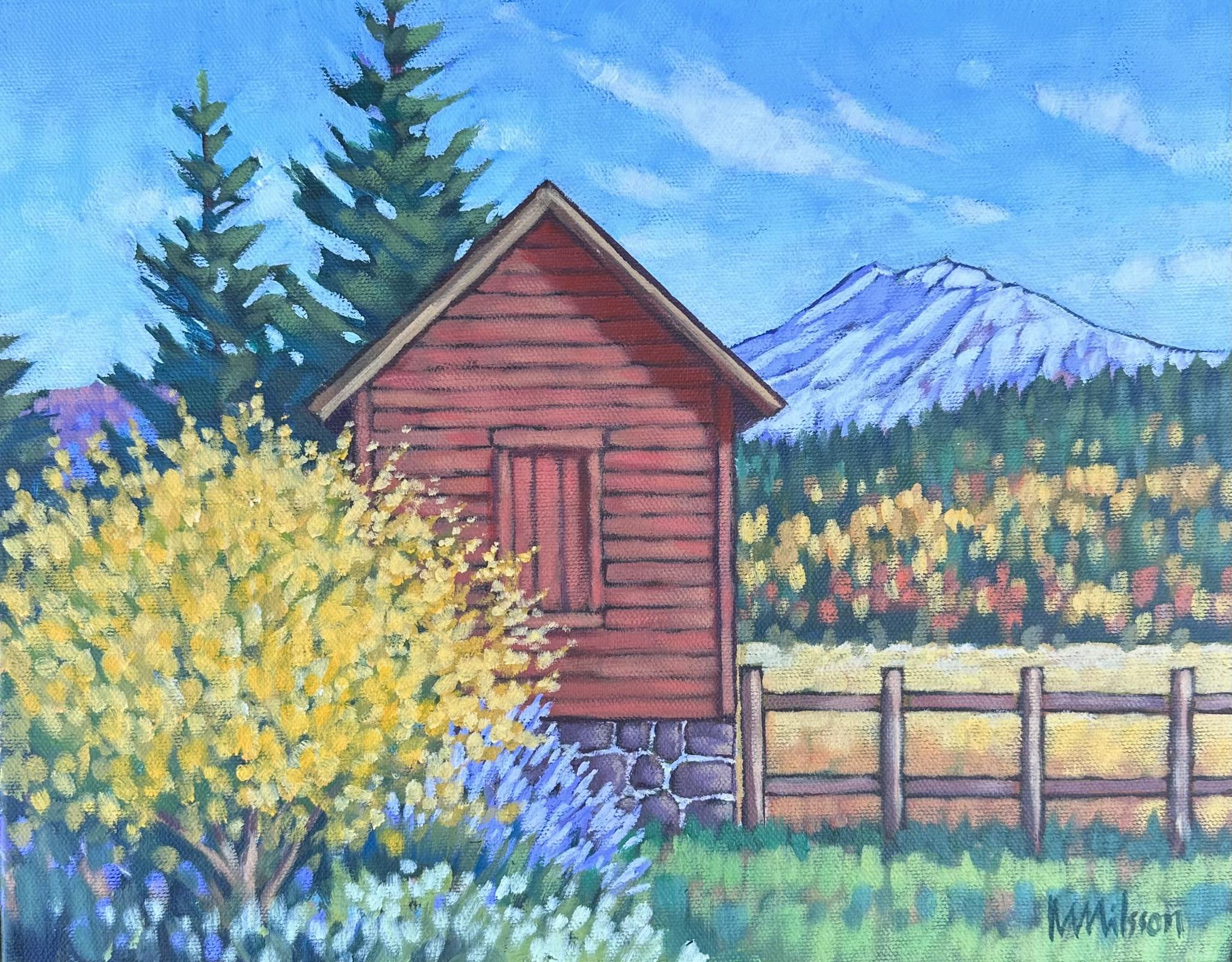 Landscape painting of a red wooden shed in a garden with yellow flowering bush, tall green pine trees, a mountain with snowcap in the background, and a blue sky. Mark Nilsson ©
