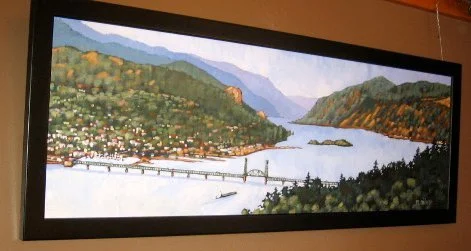 Painting of a river valley with mountains, a bridge, and a small town.