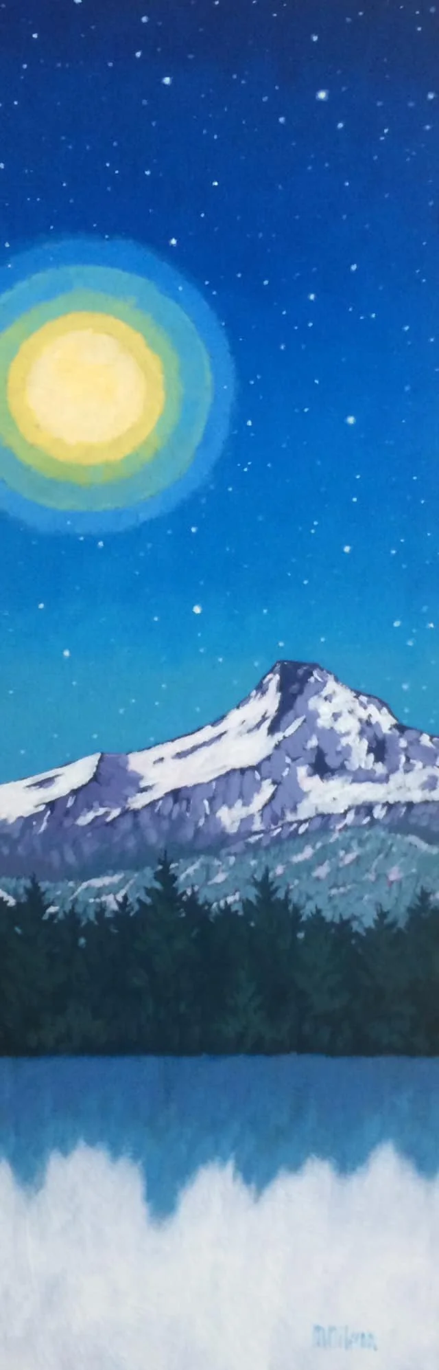 Painting of a snowy mountain under a starry night sky with a large glowing yellow and green moon. Mark Nilsson ©