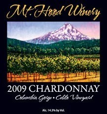 Wine label featuring Mt. Hood Winery, 2009 Chardonnay, Columbia Gorge, Ella Toyeard, with an image of Mt. Hood mountain and vineyard rows. Mark Nilsson ©