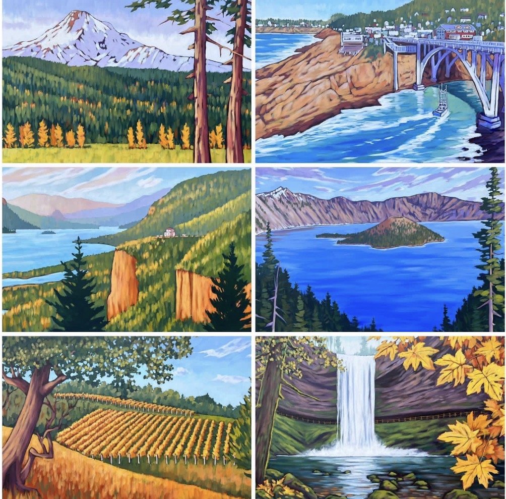Collage of six nature scenes: snow-capped mountain with trees, bridge over water, canyon with waterfalls, lake surrounded by mountains, vineyard with a tree, waterfall in a forest surrounded by fall foliage.