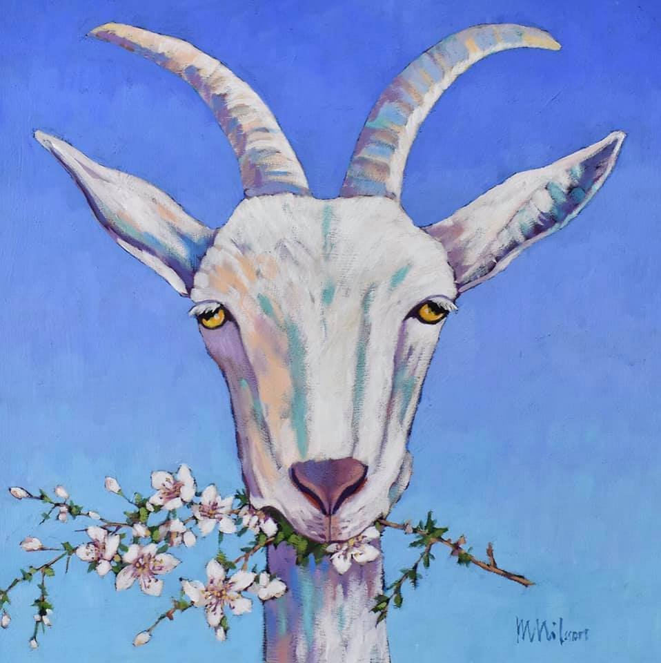 Painting of a goat with light-colored fur and yellow eyes, holding a branch with blooming white flowers in its mouth, against a blue background. Mark Nilsson ©