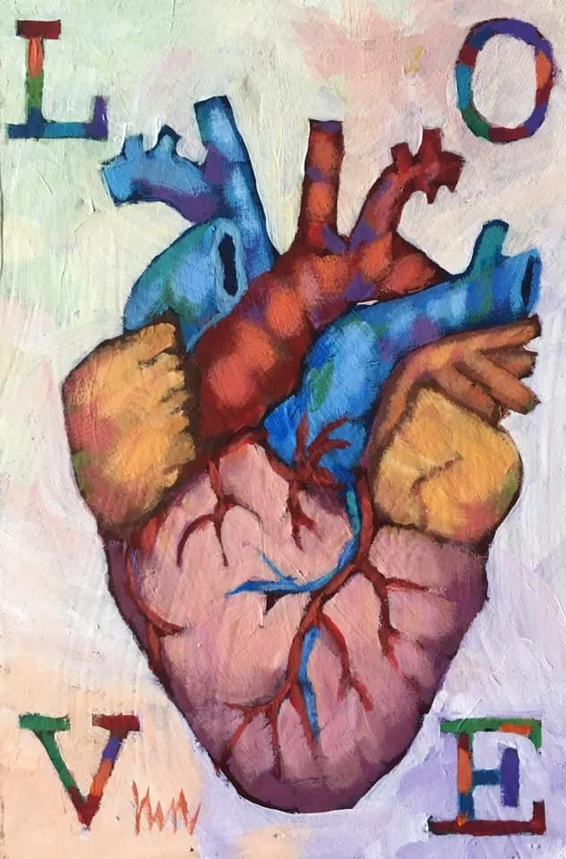 An artistic painting of a human heart with colorful letters spelling 'LOVE' at the top and bottom corners. Mark Nilsson ©