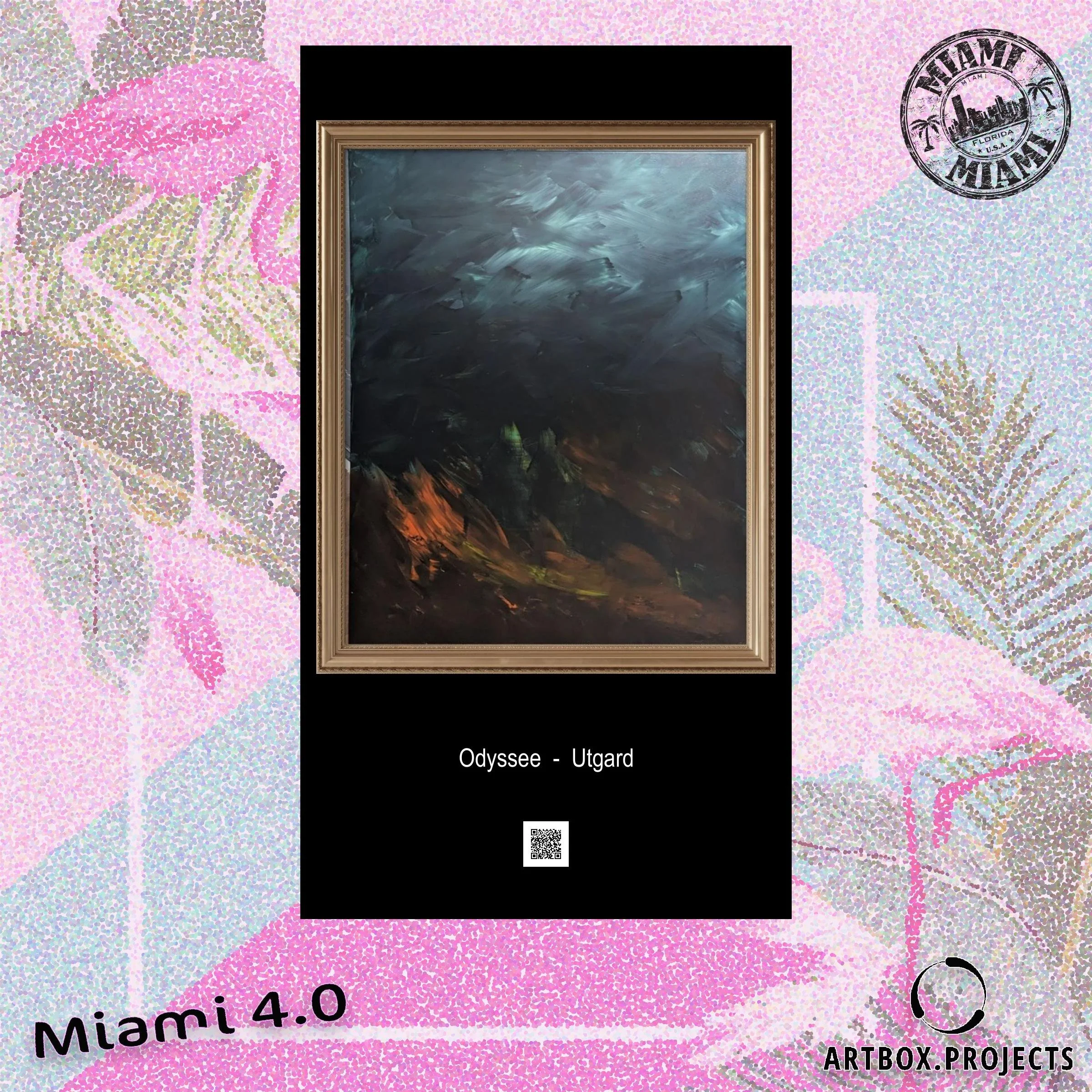 Ein Kunstwerk im Rahmen mit einem abstrakten Gemälde. Hintergrund ist bunt mit rosa, weissen, grünen und blauen Punkten und Mustern, und einem Siegel mit Palmen und Skyline. Text auf dem Bild lautet 'Odyssee - Utgard', 'Miami 4.0' und 'artbox.projects'.