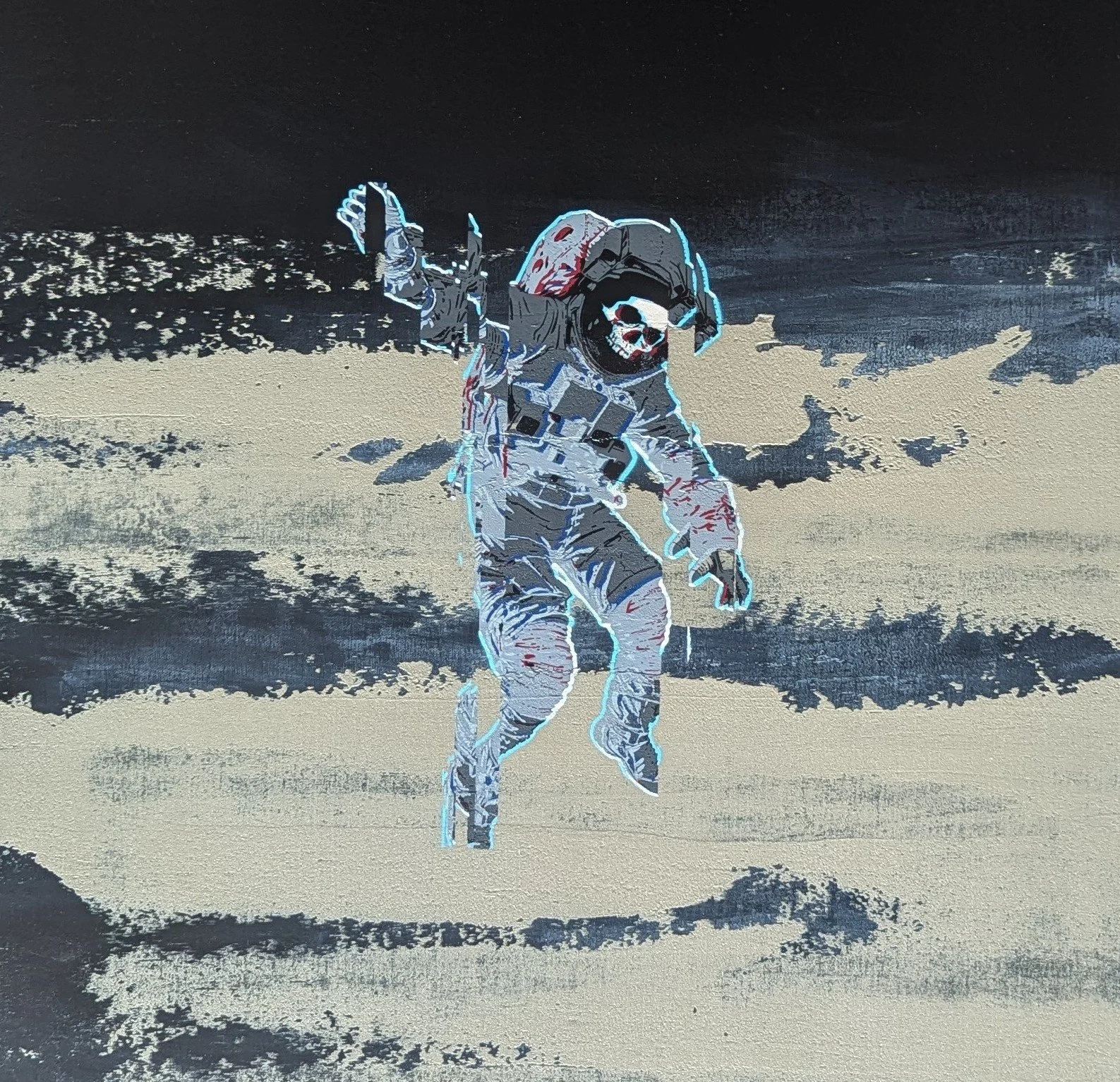 Illustration eines Astronauten mit einem Totenkopfhelm, der auf einem fremden Planeten im Weltraum unterwegs ist.