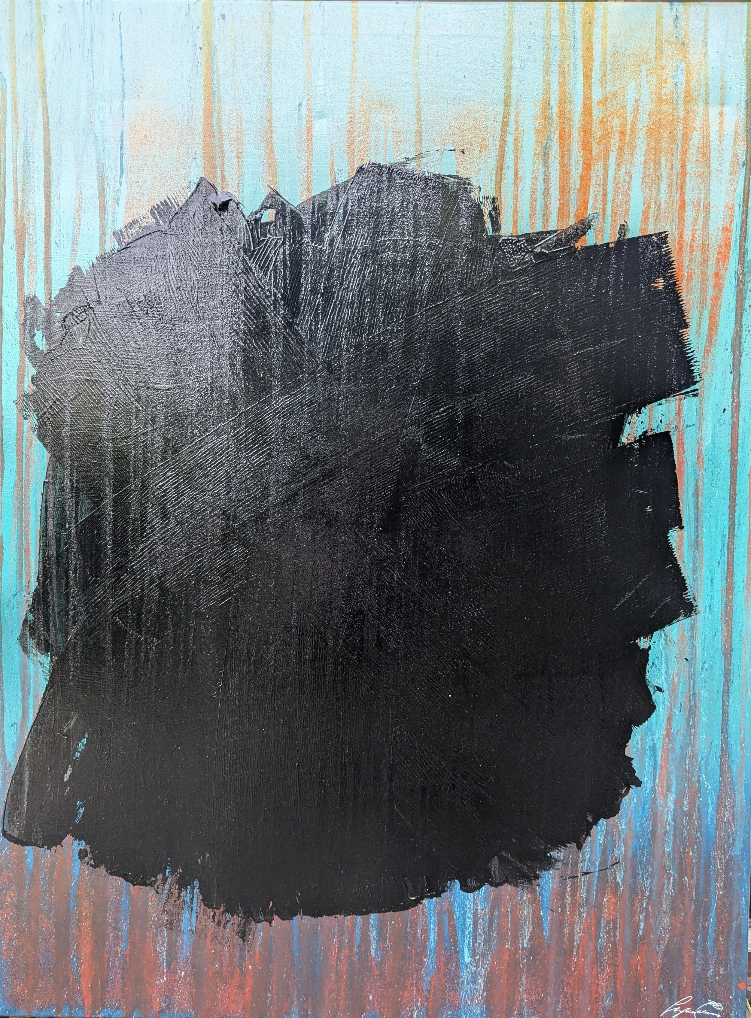 Abstraktes Gemälde mit einer schwarzen, ungefähren menschlichen Silhouette vor einem Hintergrund mit vertikalen Streifen in Ulmen, Blau, Beige und Orange.