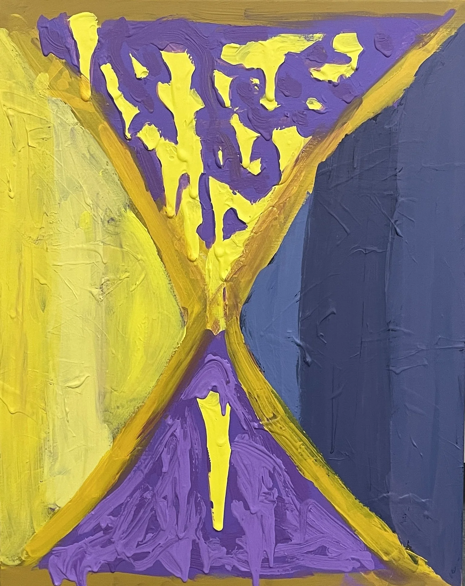 Abstract painting with four sections divided by purple and yellow lines: yellow on the left, blue on the right, and purple on the bottom and top, with yellow and purple in the center.