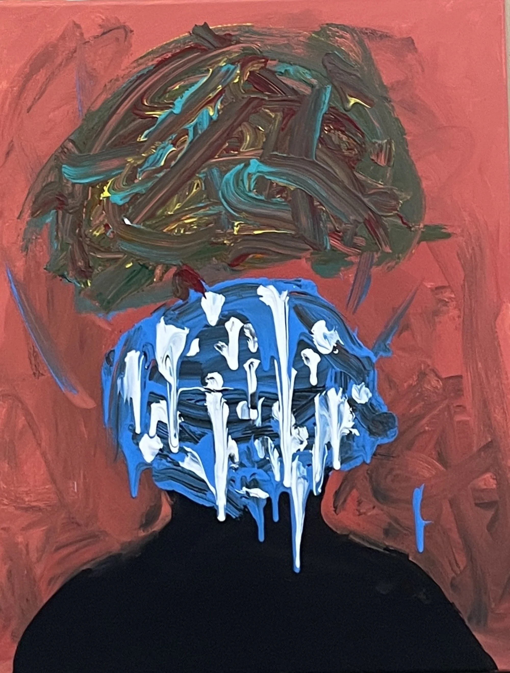 Abstract painting depicting a human head with a dark silhouette, a blue and white drippy face, and a colorful, chaotic background in reds and browns.