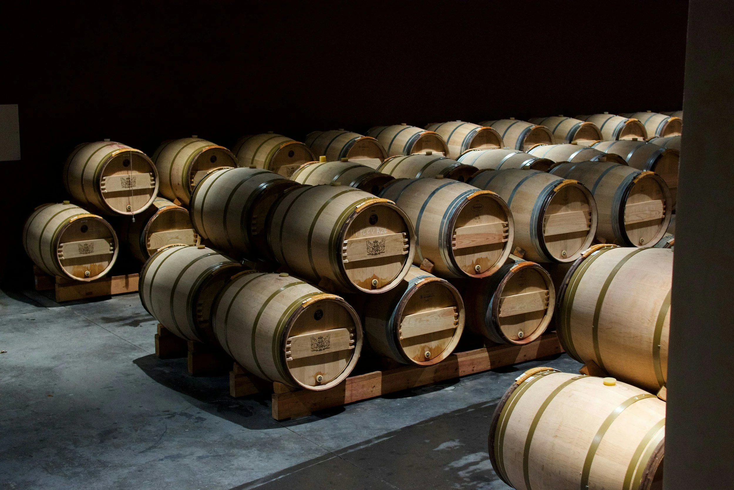 Multiple wooden wine barrels stacked on racks in a dimly lit cellar.
