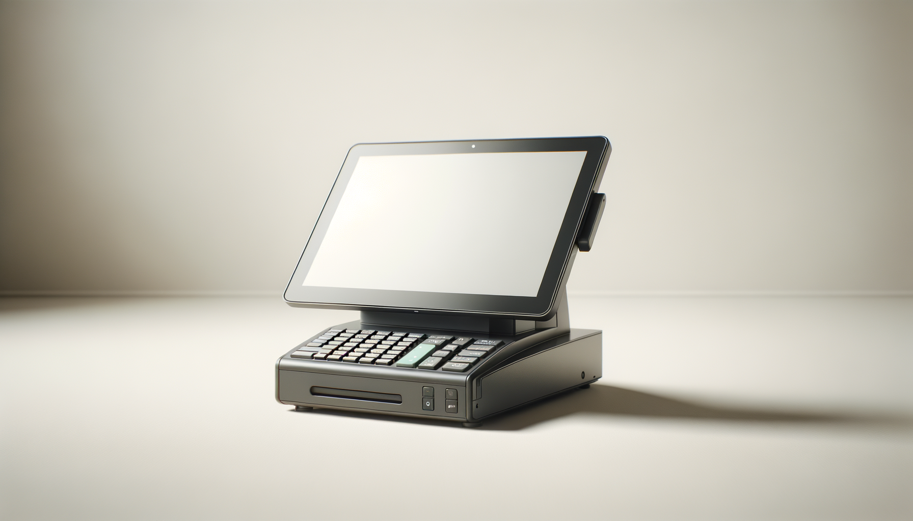 A modern cash register with a touchscreen display on a beige surface.