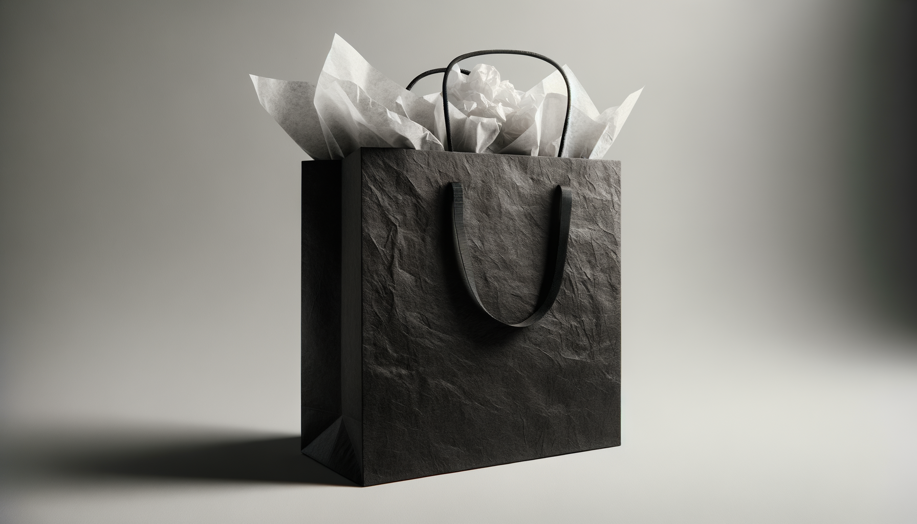 A black textured shopping bag with handles, filled with crumpled white tissue paper, set against a neutral background.