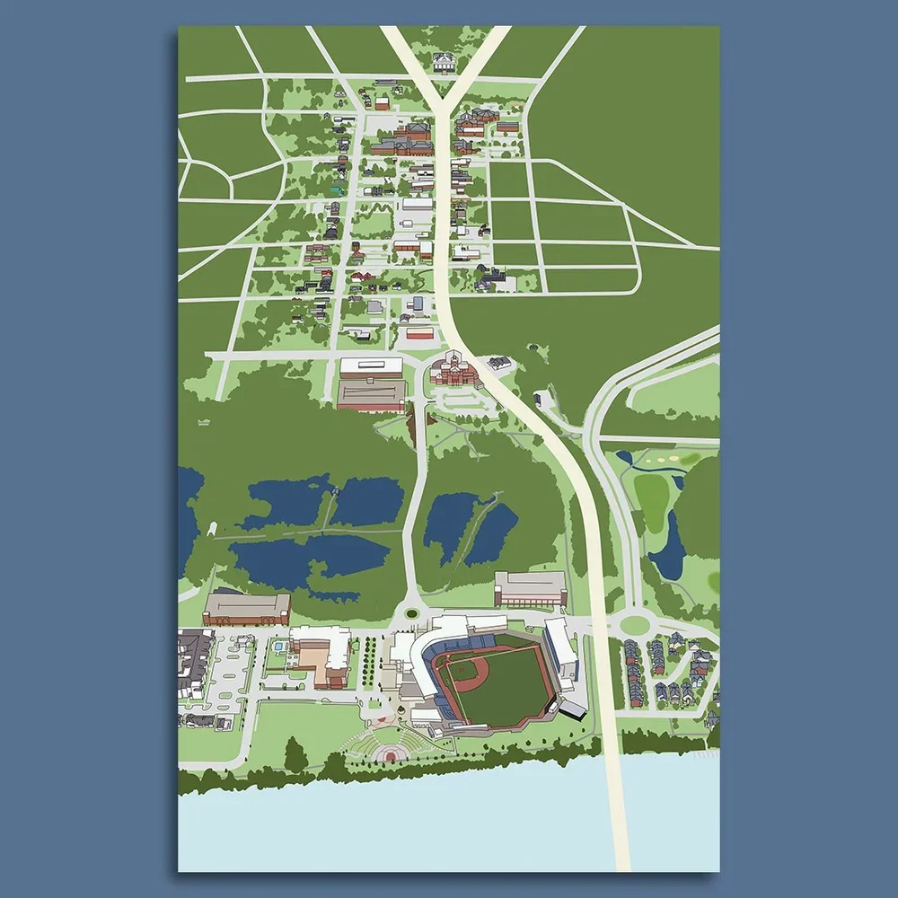 Map of a town showing a riverfront area with a baseball stadium, surrounding buildings, lakes, and roads.