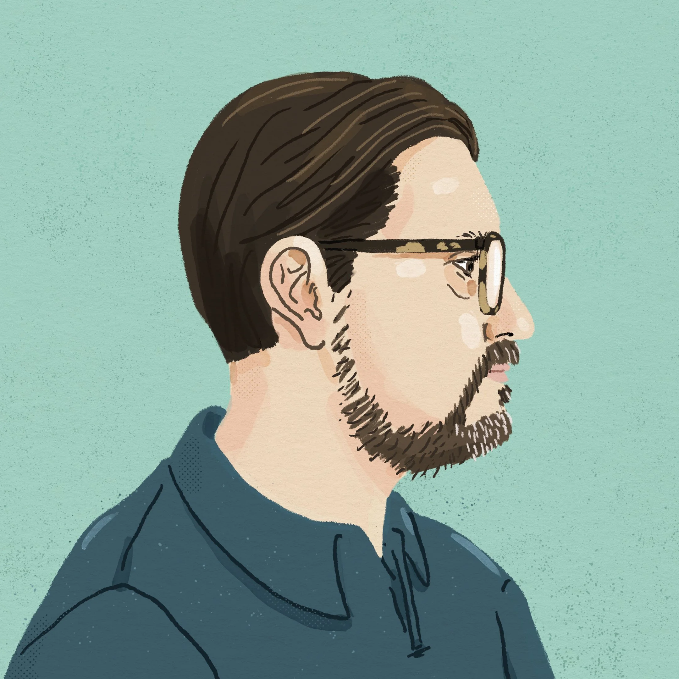 Digital illustration of a man with brown hair, glasses, and a beard, wearing a blue jacket and listening to white earphones, against a light green background.
