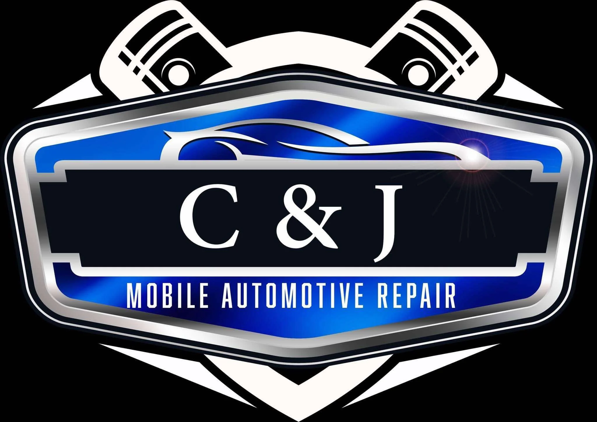 Logo for C & J Mobile Automotive Repair, featuring automotive piston and engine components, with the company's initials and name in a metallic, blue, black, and silver color scheme.