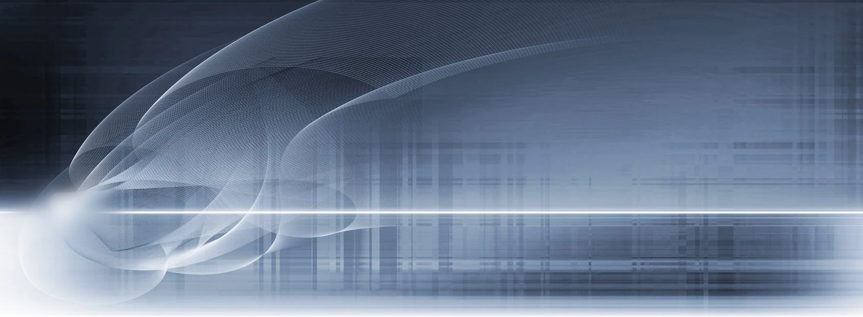 Abstract digital background with flowing blue and white lines and grid patterns.