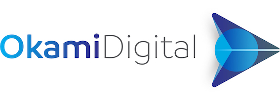 Okami Digital logo with blue and grey arrow graphic
