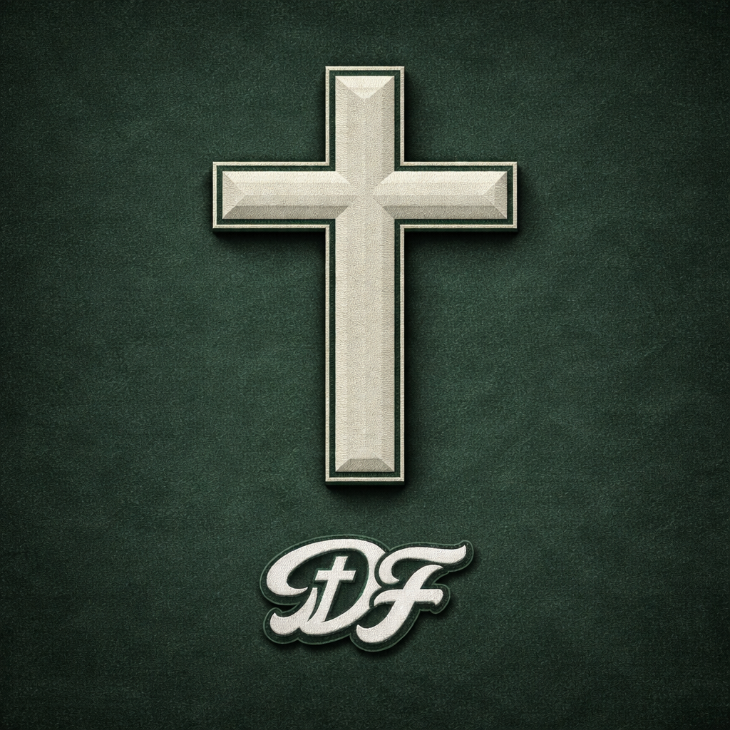 A silver cross with beveled edges on a dark green textured background, with the initials 'DF' in a stylized script at the bottom.